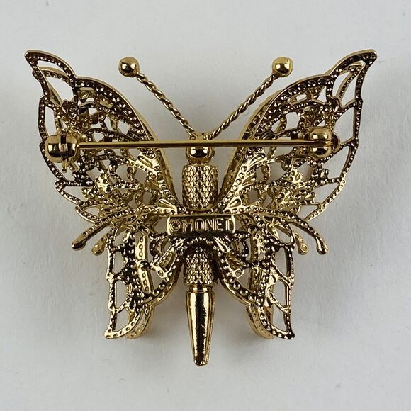Vintage MONET Butterfly Filigree Shiny Gold Tone Costume Pin Brooch Broach Wings - Picture 6 of 9